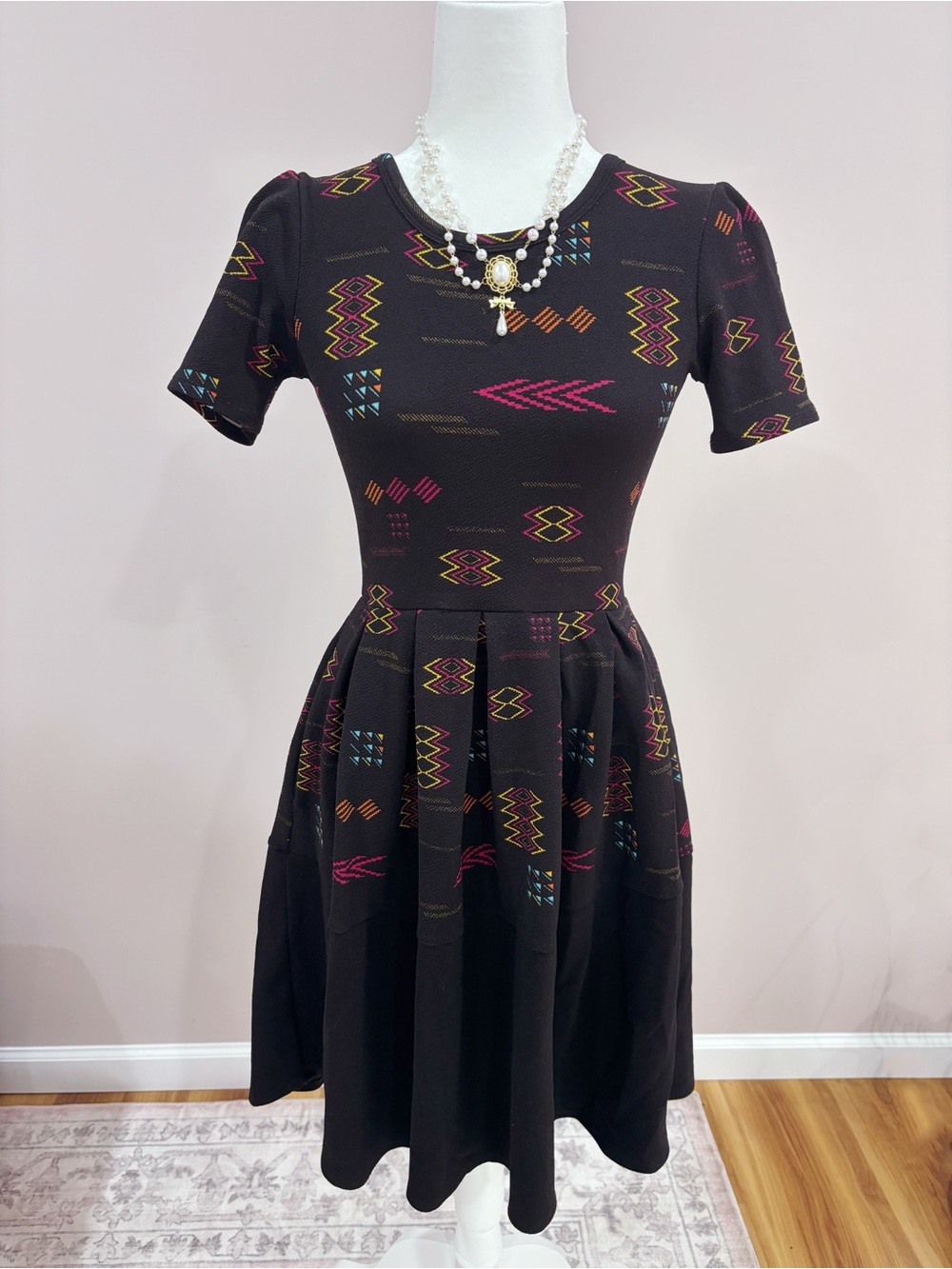Black Short Sleeve Fit-and-Flare Dress with Colorful Geometric Print